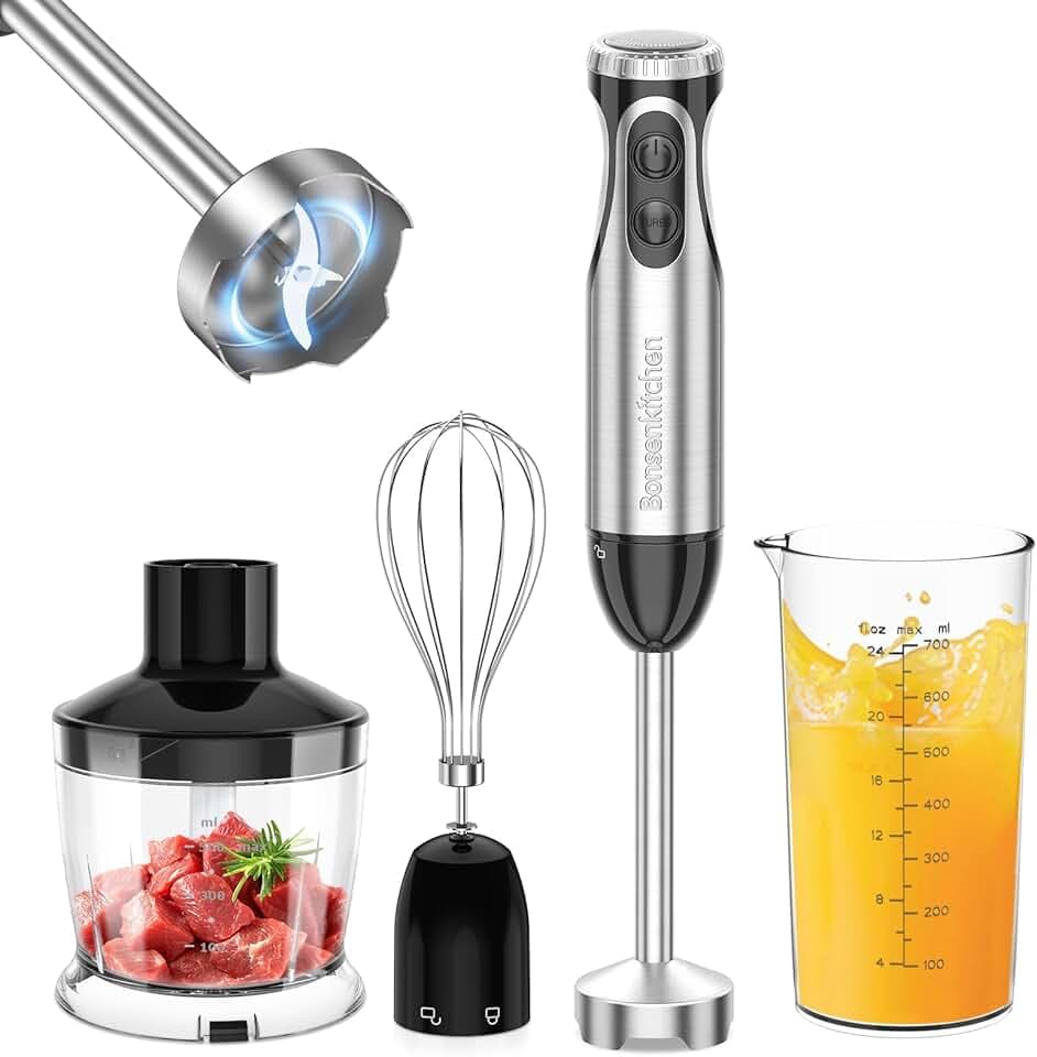 Bonsenkitchen Mixeur Plongeant, 4-en-1 Mixeur Plongeur Multifonction 1000W, 20 Vitesse Réglable, avec Fouet, Hachoir de 500ml et Verre Doseur 700 ml, Robot de Cuisine (HB3203) ISCC PLUS