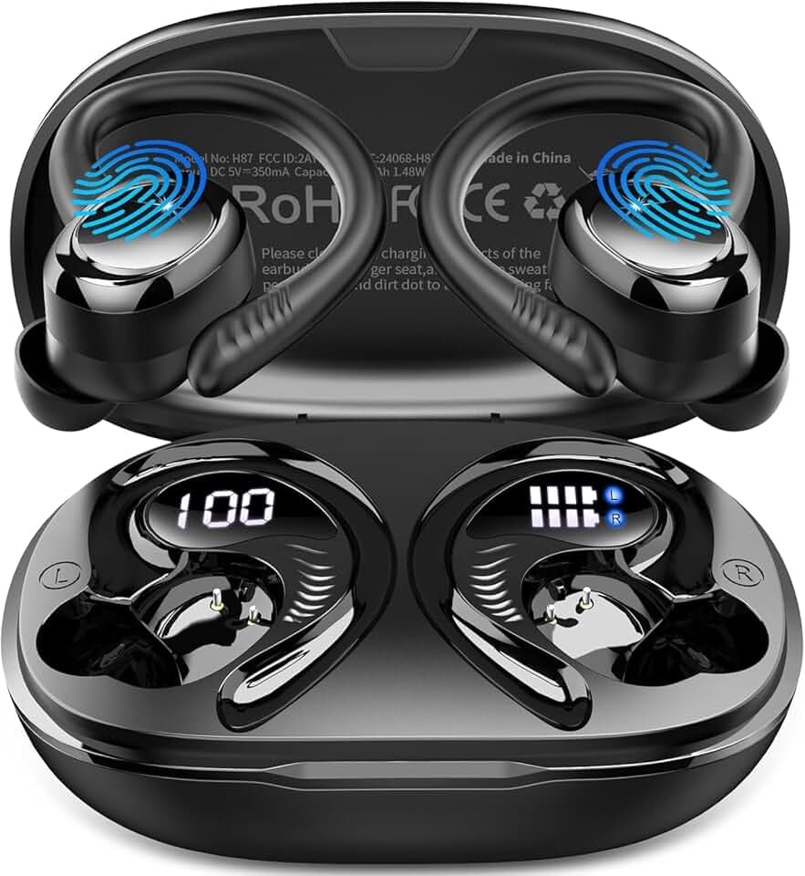 Ecouteurs Bluetooth sans Fil Sport, Écouteur Bluetooth 5.4 avec HiFi Stéréo, 4 ENC Mic, 60+Hrs Ecouteurs sans Fil, IP7 Étanche Oreillette Bluetooth Running, USB-C/Écran LED Casque, pour iOS Android