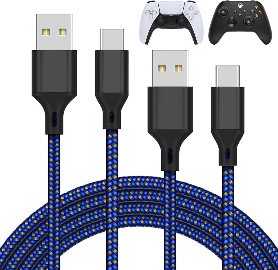 MENEEA – Lot de 2 câbles de charge pour manette de PS5, Xbox Series X, Xbox Series S, Nintendo Switch, cordon USB C de rechange en nylon tressé de 3 m, bleu