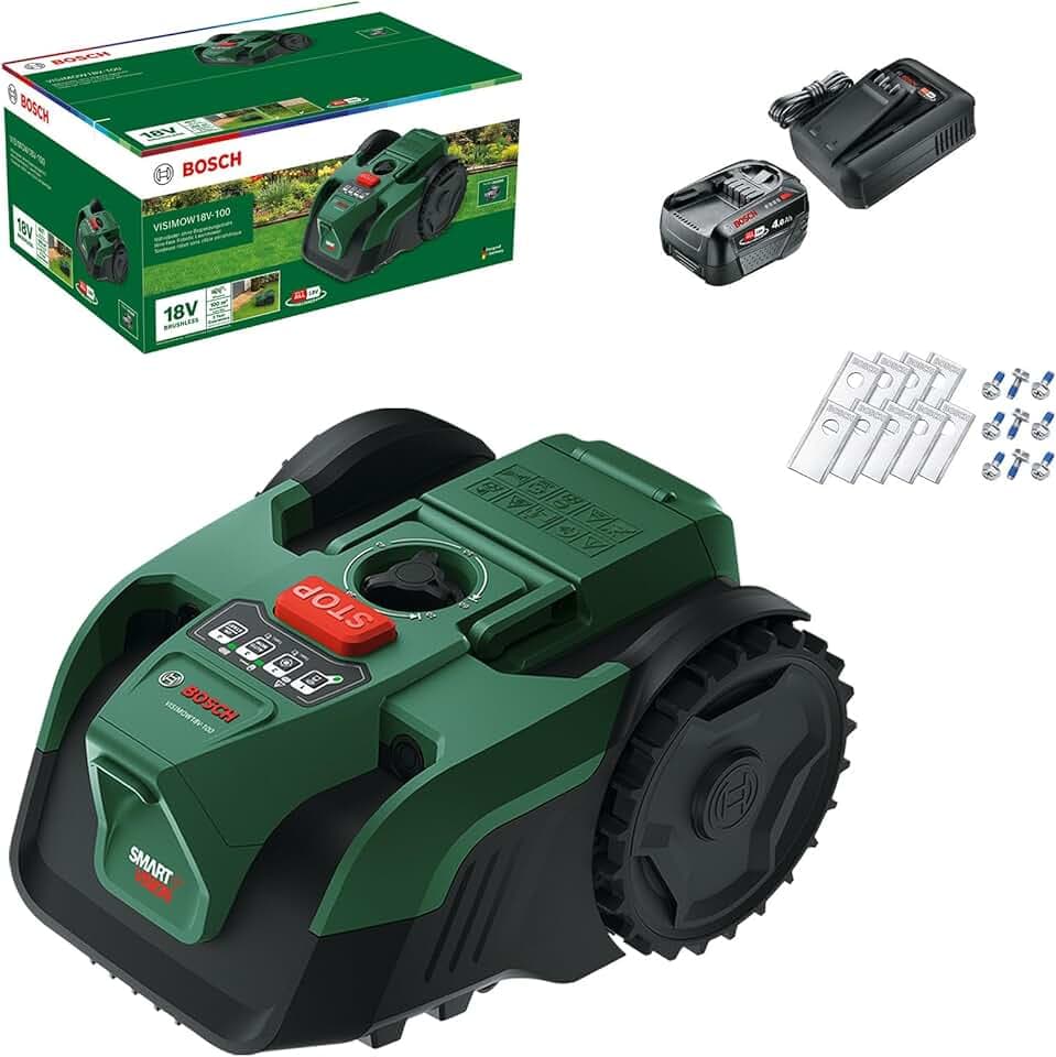 Bosch Tondeuse Robot sans-Fil VISIMOW18V-100 | pour pelouses jusqu’à 100 m², largeur de coupe: 16 cm, h. de coupe: 20-60 mm, avec lames de rechange, batterie et chargeur