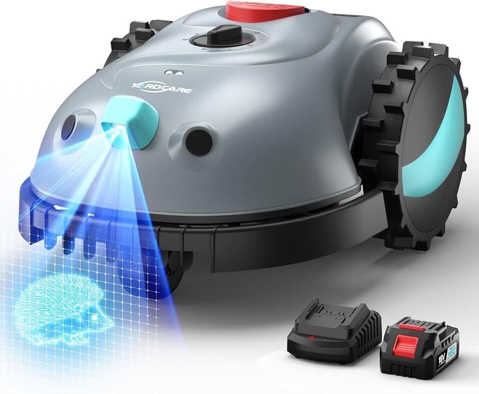 YARDCARE V100 Robot Tondeuse sans Fil Périphérique, avec Caméra, évitement d'obstacles, Navigation Visuelle, 150㎡ Robot Tondeuse Gazon Batterie 4 Ah, avec Lames de Rechange, Coupe en Spirale