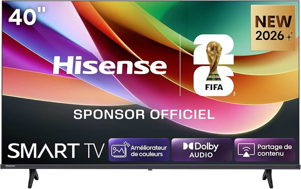Hisense 40A4S - TV 2026 LED 40" (102 cm) Full HD, Smart TV VIDAA, Dolby Audio & DTS HD, WiFi, Bluetooth, Design sans Bords, Noir