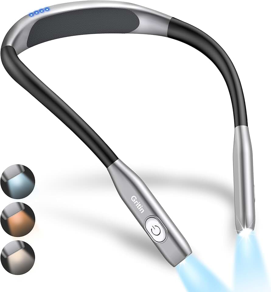 Gritin Lampe de Lecture de Cou Rechargeable, Liseuse Lampe pour Lire au Lit, Gradation en Continu & 3 Couleurs Protection des Yeux avec Fonction Mémoire, 80H+Autonomie,Cou Ergonomique-Gris