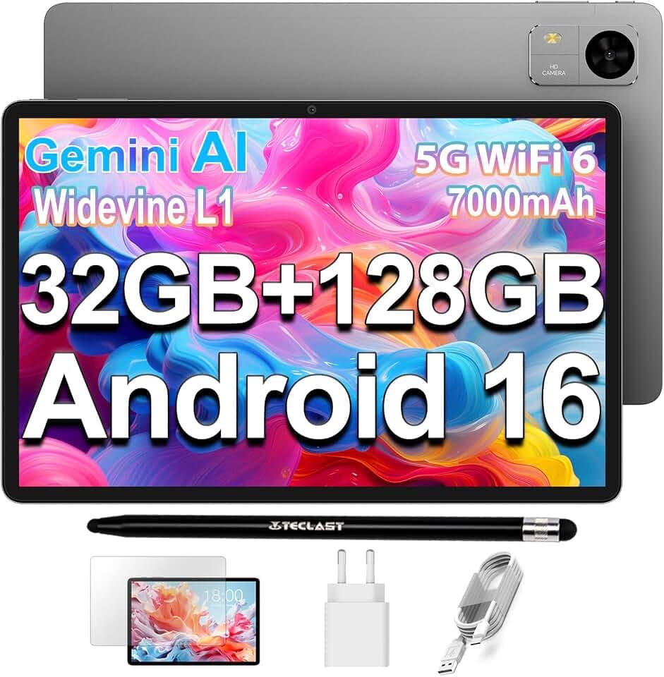 TECLAST M50T Android 16 Tablette 10 Pouces Gemini AI, 32Go RAM+128Go ROM (TF 5To), 2GHz Octa Core, 2.4G+5G WiFi, 7000mAh, Widevine L1, BT 5.4/13MP/3.5MM/OTG/Face ID, Tablette Tactile avec Stylet, 2026