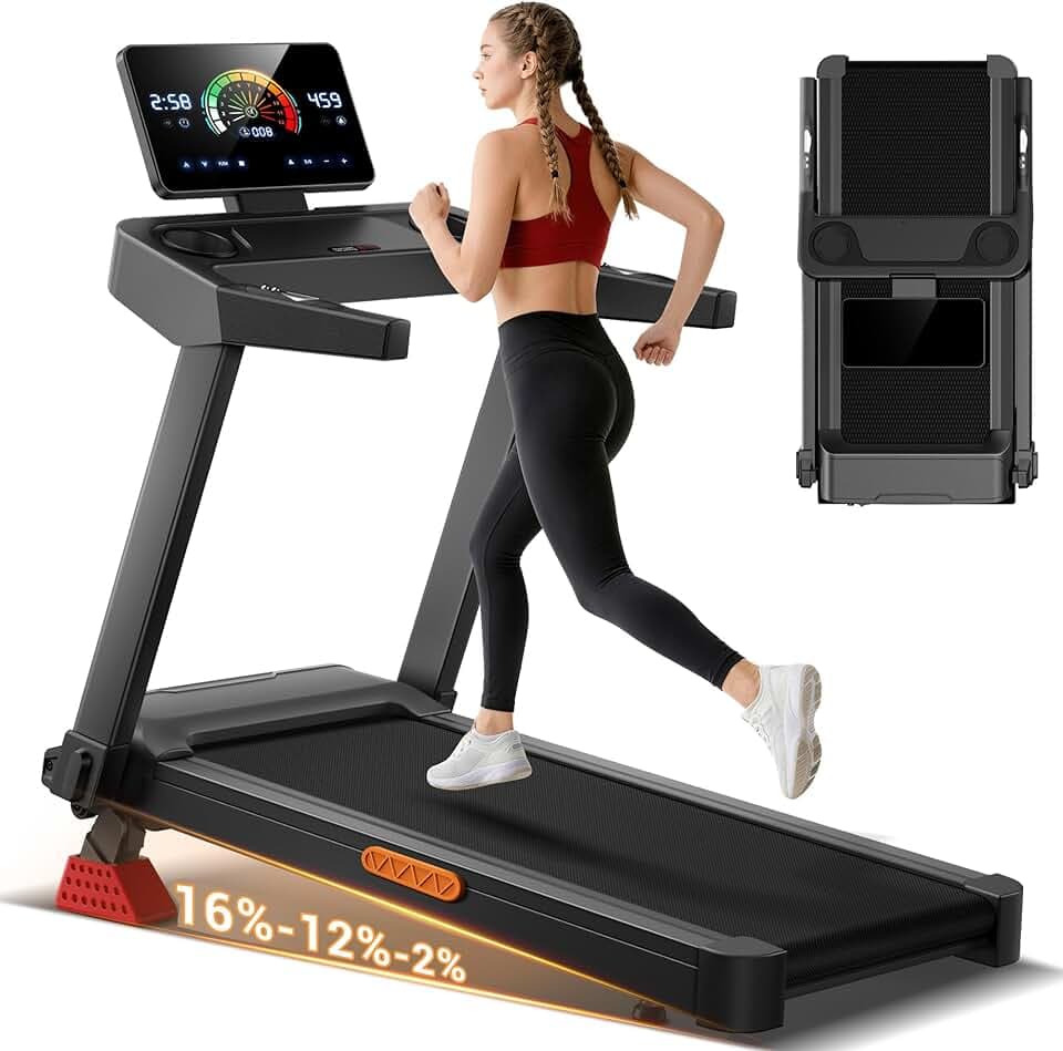 LONTEK Tapis de Course Pliable Inclinable 16%, 14KM/H Tapis de Marche avec Surveillance de Fréquence Cardiaque, Treadmill Home avec Moteur 3,5CV et Affichage LED, Charge Max 180KG, pour la Maison