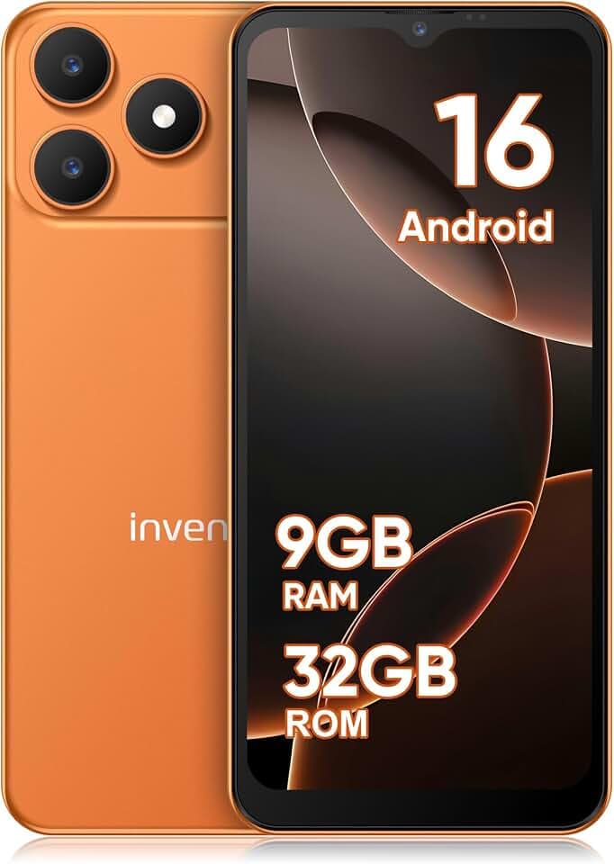 invens Note 15P Téléphone Portable 4G Débloqué, Smartphone Android 16 Go, 9 Go (3+6)+32 Go/256 Go TF, Caméra 16+5 MP, Écran 6,6" HD+, Batterie 3500 mAh, Double SIM, GPS, OTG, USB-C, Face ID, Orange
