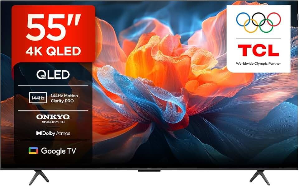 TCL 55T8C 55" QLED 4K HDR Ultra HD TV, Smart TV Powered by Google TV (Dolby Vision & Atmos, 144Hz Motion Clarity Pro, FreeSync, Onkyo 2.1 Sound, Voice Control)