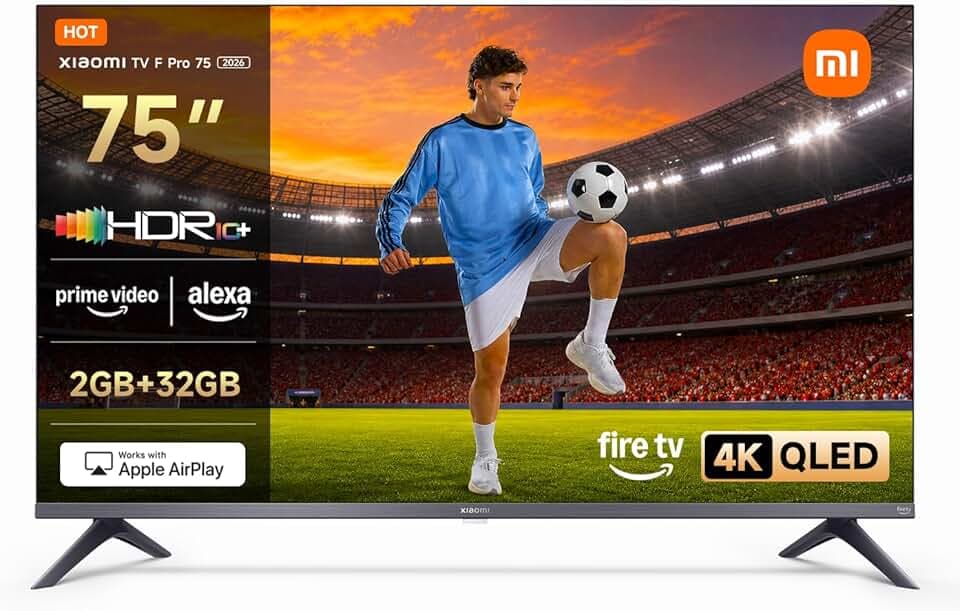 XIAOMI TV F Pro 75, 190 cm (75 Pouces), 4K UHD QLED, Smart TV, Fire TV, Contrôle Vocal Alexa, HDR10+,60Hz avec 120Hz Game Boost Mode, MEMC, 2Go+32Go, Compatible avec AirPlay