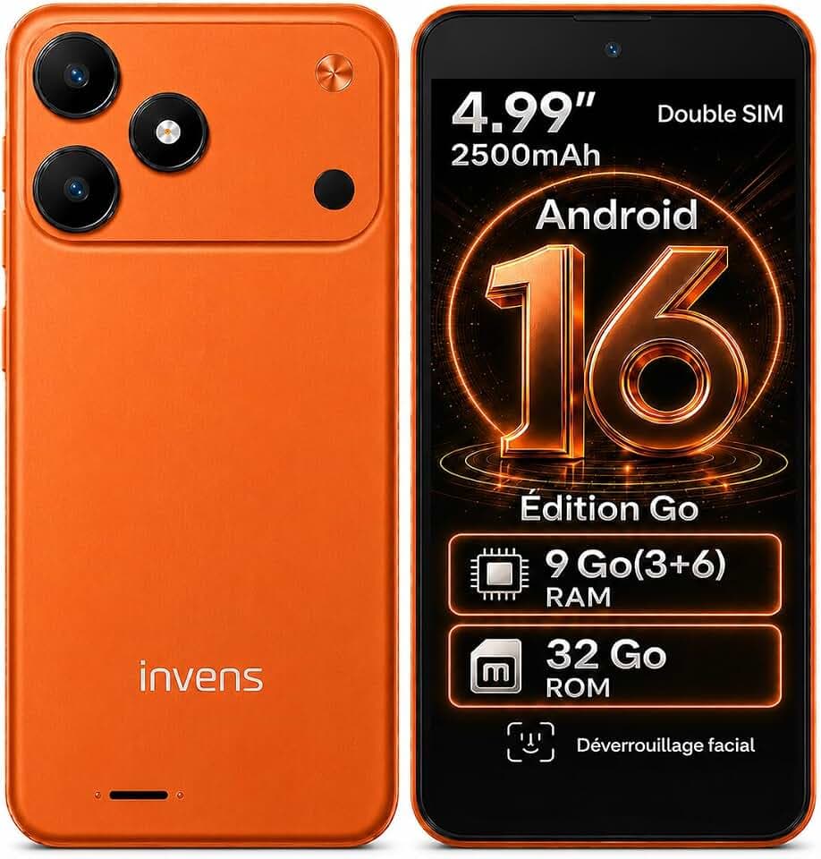 invens TK02 Téléphone Portable Débloqué 4G Pas Cher, Android 16 Go, Smartphone Compact 5,0", 9 Go(3+6) RAM + 32 Go ROM, Double SIM/SIM+TF, Face ID, GPS, WiFi, Bluetooth, USB-C, Jack 3,5 mm, Orange