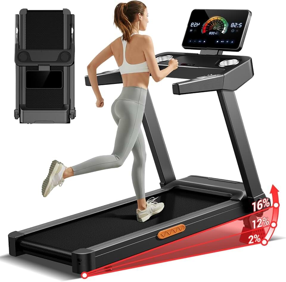 LONTEK Tapis de Course avec Inclinaison Automatique de 20%, 14KM/H, 3.5CV | Tapis Roulant Pliable avec Console Réglable sur 4 Niveaux, 3.5CV Treadmill avec Affichage LED, 180KG
