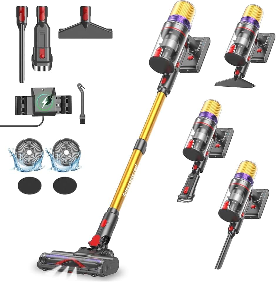 V16 Aspirateur Balai sans Fil 55Kpa/600W/80Mins, Aspirateur sans Fil Puissant, Écrans Tactiles LED, Mode Automatique, Brosse Anti-Emmêlement pour Tapis, Sols Durs et Poils d'animaux