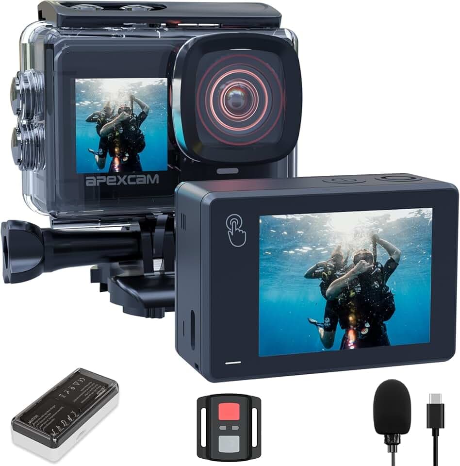 Apexcam Caméra Sport 4K 60FPS, Action Cam WiFi avec Double Écran Camera sous-Marine, Stabilisation EIS Étanche 40M avec 2 Batteries 1350mAh, Kit d’Accessoires et Télécommande 2.4G