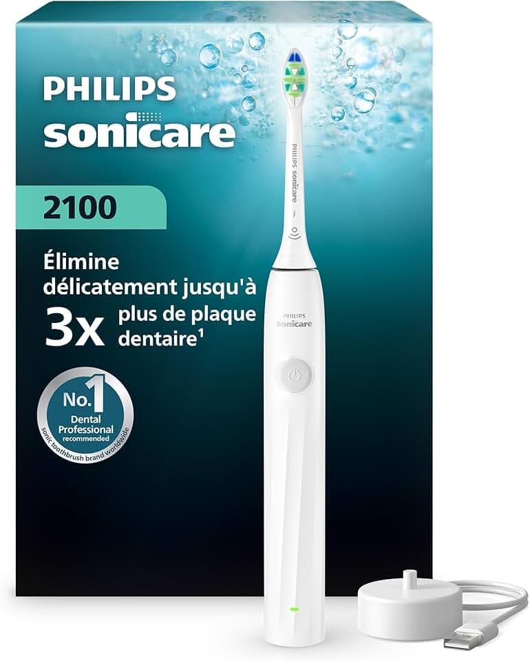 Philips Sonicare série 2100 – Brosse à dents électrique, brosse à dents sonique avec 2 niveaux d’intensité, EasyStart, SmarTimer, 14 jours d’autonomie, coloris blanc, modèle HX4021/01, [Nouveau]