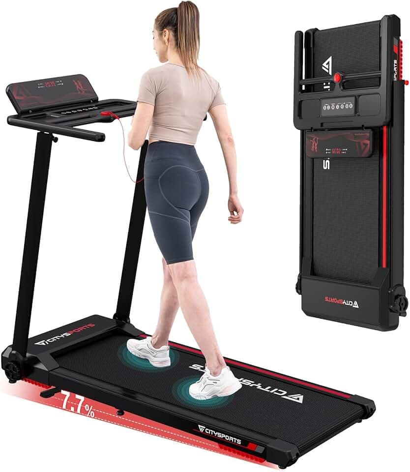 CITYSPORTS Tapis de Course,Tapis Roulant Pliable 12 km/h,avec Affichage LED,APP et 360° Tablet Holder,Walking Pad Compact pour la Maison et Le Bureau (Black & Red) Global Recycled Standard