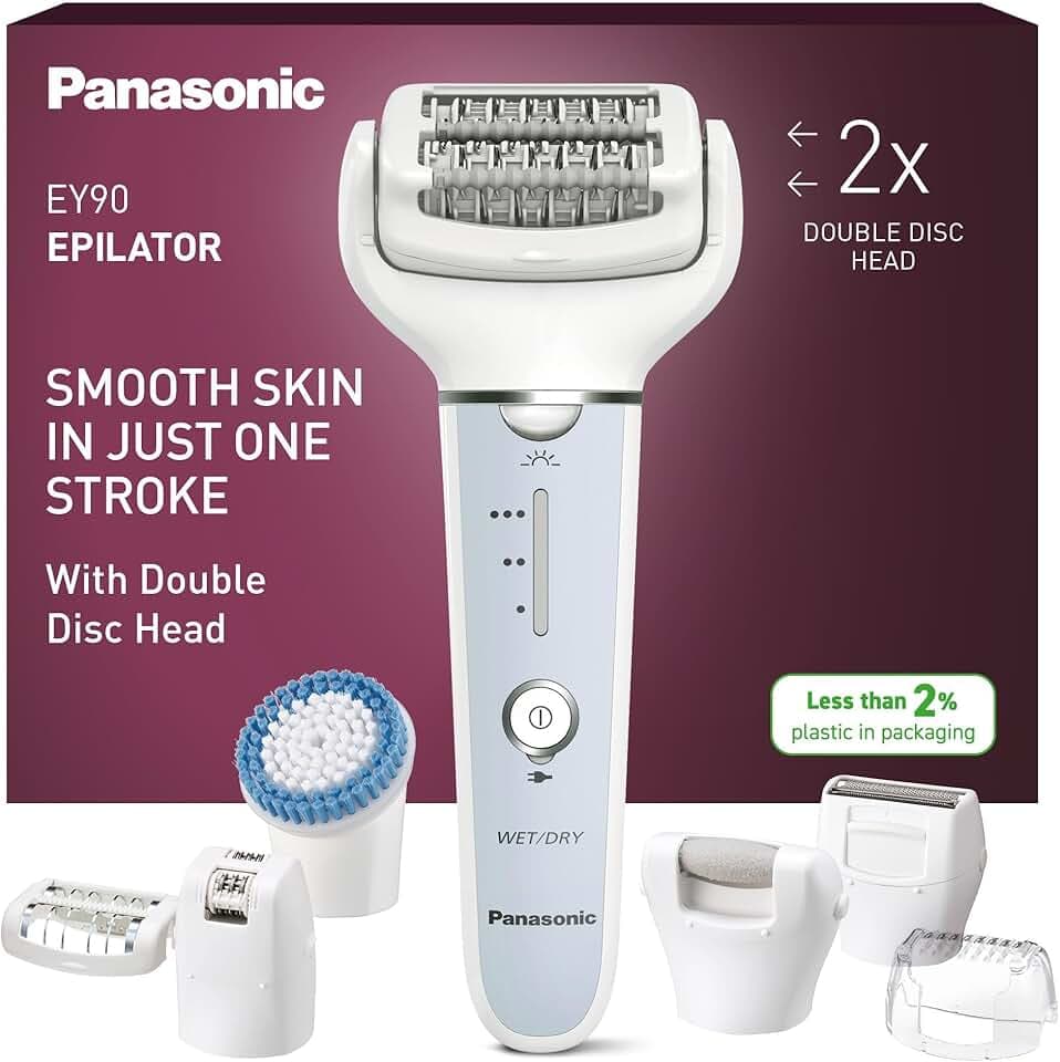 Panasonic ES-EY90-A503 Épilateur Wet &Dry, Double Disque 60 Pinces, Tête Flexible Pivotante 90°, 3 Vitesses et LED, 30 Minutes d'Autonomie, sans Fil, Épilateur, Tête Rasoir, Tête de Soin des Pieds