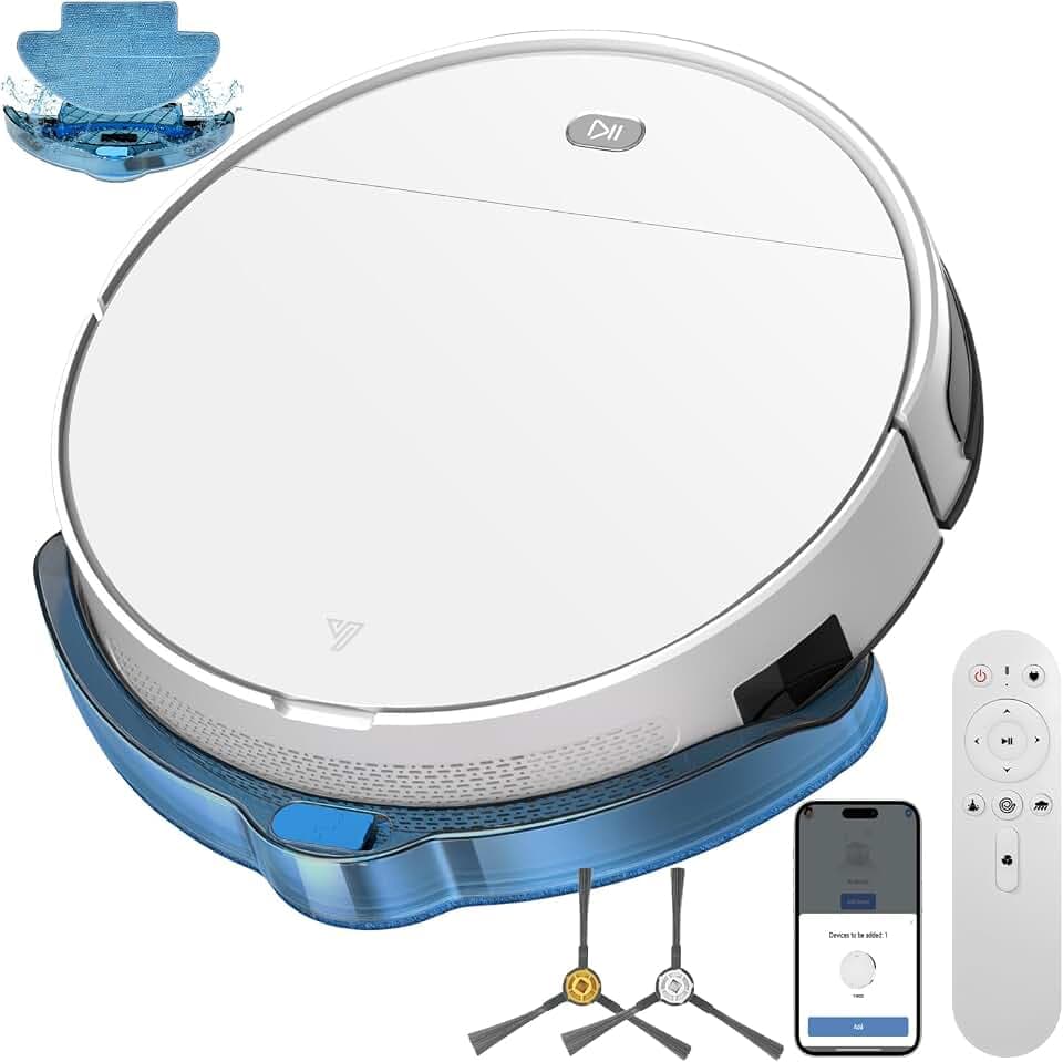 2 en 1 Robot Aspirateur Laveur 5500Pa Mince Connecté avec WiFi/Alexa/App | 3 Modes de Nettoyage, Auto-Charge, Automatique 120 Mins, Nettoyage Intelligent pour Poils d’Animaux et Poussière, White
