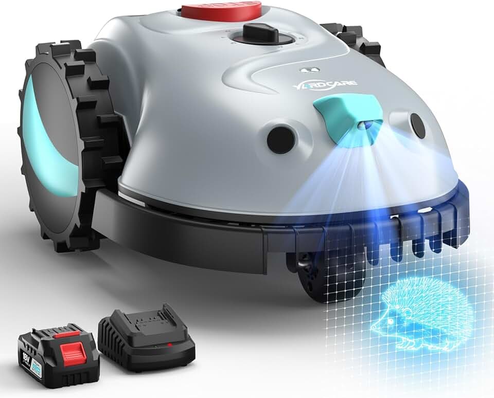 YARDCARE V100 Robot Tondeuse sans Fil Périphérique avec Navigation Visuelle, Coupe en Spirale, Détection d'obstacles 150, Robot Tondeuse Gazon avec Batterie(4Ah), Lames de Rechange