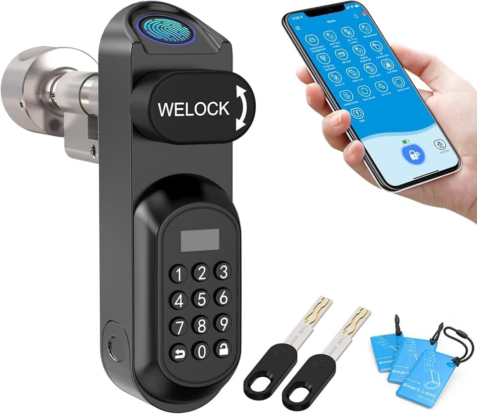 WELOCK U81 Smart Lock,Serrure Connectée,Serrure Empreinte Digitale avec Mot de Passe,RFID Carte,APP,serrure à code WiFi(Besoin wifibox),Cylindre Connecté 30/30 pour porte de 50-90mm,Facile à installer