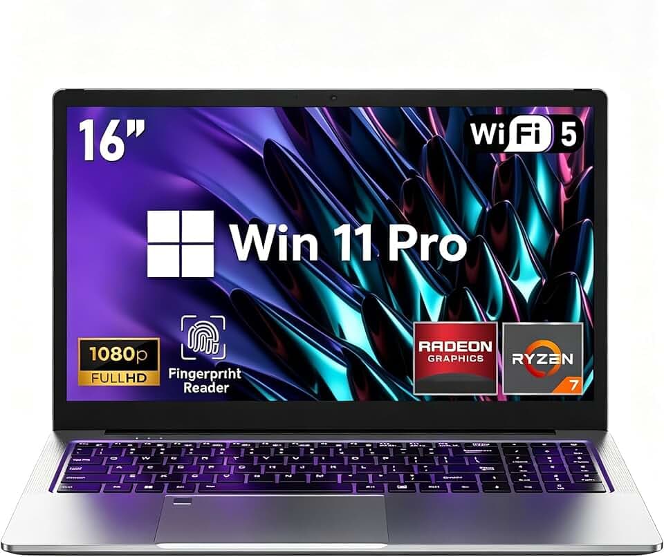 FUNYET 2026 Gaming Ordinateur Portable 16 Pouces R7 5825U jusqu'à 4.5GHz PC Portable 16Go RAM 1To SSD Extension TF 1To Win11 Laptop avec WiFi6 BT5.2 USB3.2 HDMI Type-C Charging D'empreinte Digitale