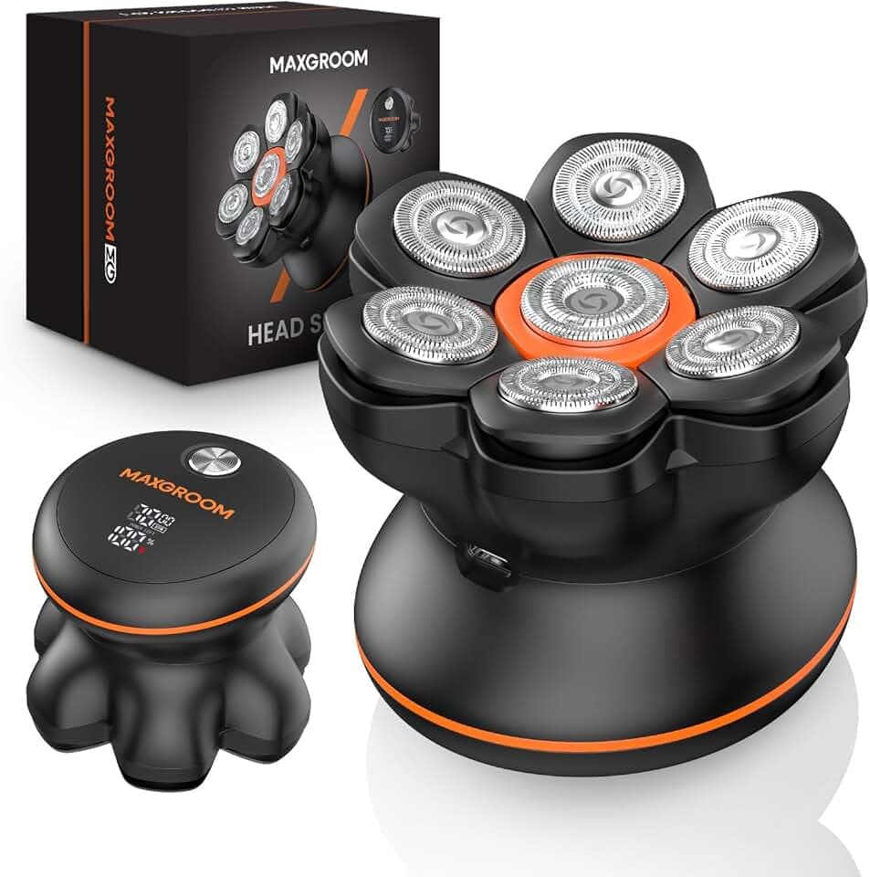 MAXGROOM Rasoir Tête Chauve Homme - Rasoir Électrique Crâne à Têtes Flottantes 7D - Étanche IPX6 & Nettoyage Magnétique - 2 Vitesses - Idée Cadeau Homme ClimeCo Certified