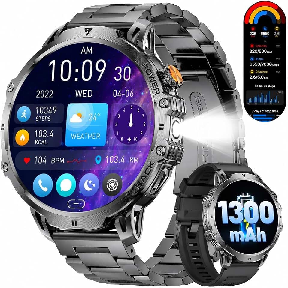 LIGE Montre Connectée Homme avec 1300mAh/1,85'' HD Grand Écran/LED Lampe,Smartwatch Homme avec Moniteur de Fréquence Cardiaque et Sommeil/110+ Modes Sportifs,IP68 Étanche Android iOS,Noir