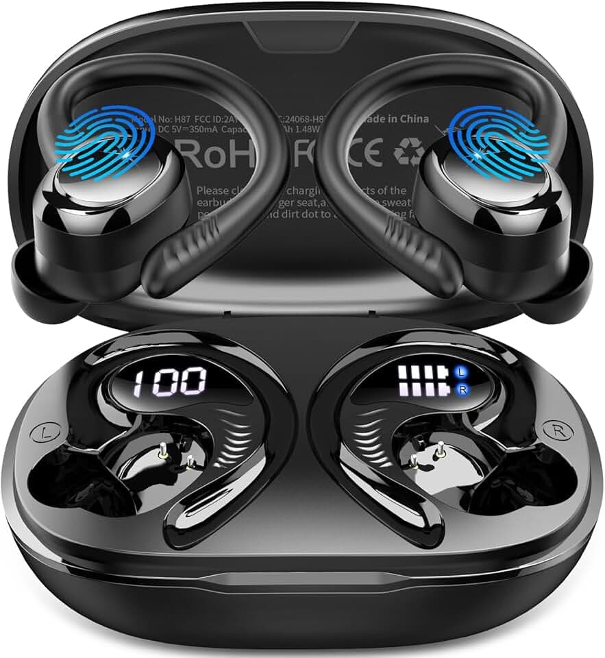 Ecouteurs Bluetooth sans Fil Sport, 2026 Écouteur Bluetooth 5.4 avec 4 ENC Mic, 60+Hrs Ecouteurs sans Fil HiFi Stéréo, IP7 Étanche Oreillette Bluetooth Running, USB-C Charge Rapide, Écran LED Casque