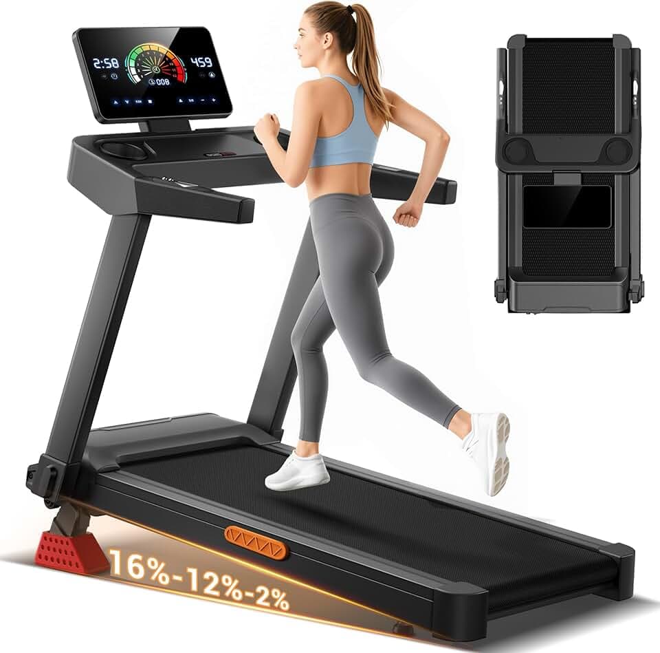 LONTEK Tapis de Course avec Inclinaison Automatique de 20%, 14KM/H | Tapis Roulant Pliable avec Console Réglable sur 4 Niveaux, 3,5CV Treadmill avec Affichage LED, 180KG