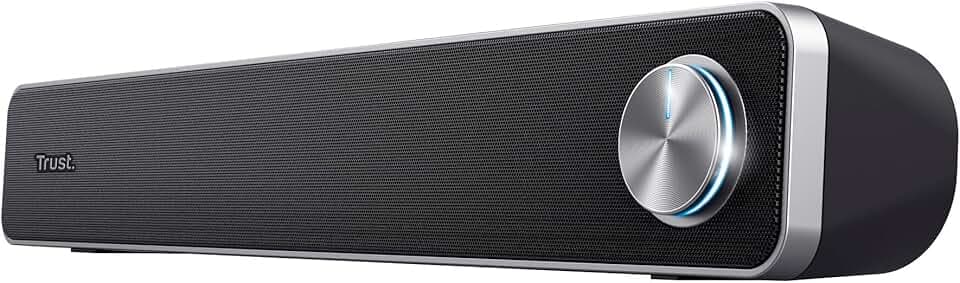 Trust Arys Enceinte PC, 12 Watt, Barre de Son PC, Alimentation USB, Jack 3,5 mm, Haut Parleur pour Ordinateur Portable, Tablette, et TV - Noir