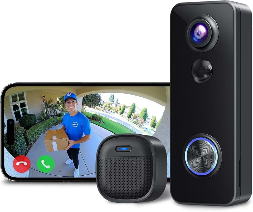 XTU 2K HD Sonnette sans Fil Exterieur Etanche, Sonnette sans Fil avec Camera Vue Complète 180°, Détection Humaine PIR, Audio Bidirectionnel, Uniquement 2,4G WiFi, Stockage Carte SD