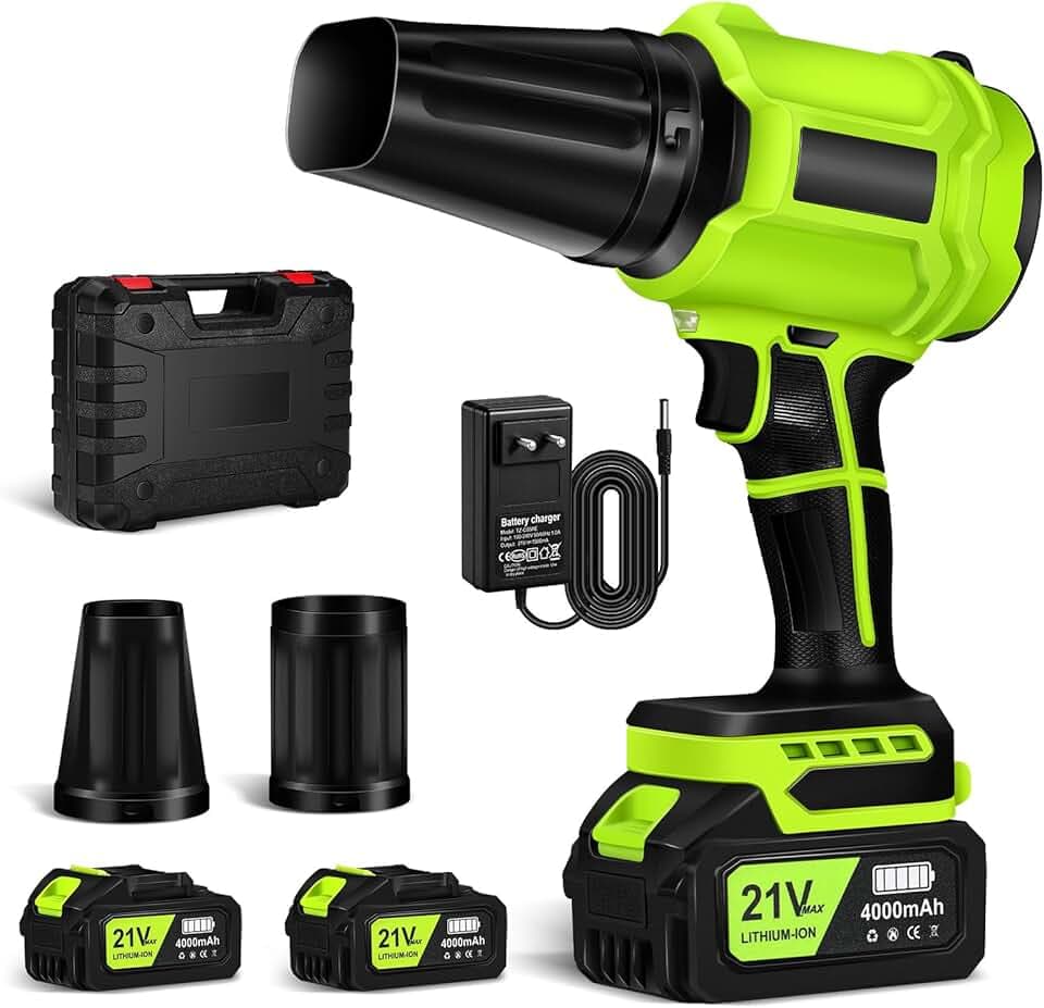 Souffleur sans Fil avec 2× Batteries 4000 mAh, 800000 TR/Min, Vitesse d’air 65 m/s, Souffleur à Feuilles sans Fil avec Boîte à Outils, Idéal pour Feuilles, poussières & Neige,Vert Fluo