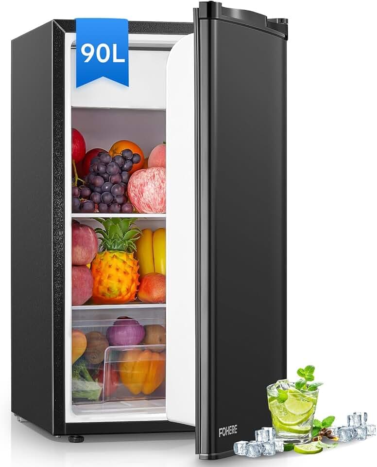 FOHERE Mini Réfrigérateur 90L, Contrôle de la Température, Petit Frigo de Chambre/Dortoir/Bureau, Silencieux, Pose libre sous le comptoir, Silencieux, Noir