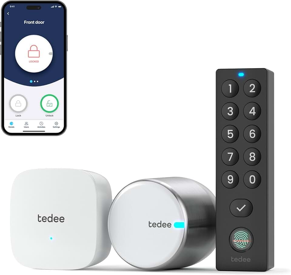 Tedee GO2 Alu Serrure Intelligente Connectée WiFi Bridge | Keypad PRO Empreinte Digitale, Code PIN, Accès à Distance, Entrée sans Clé | Compatible Matter, Alexa, Google Home, Apple, SmartThings