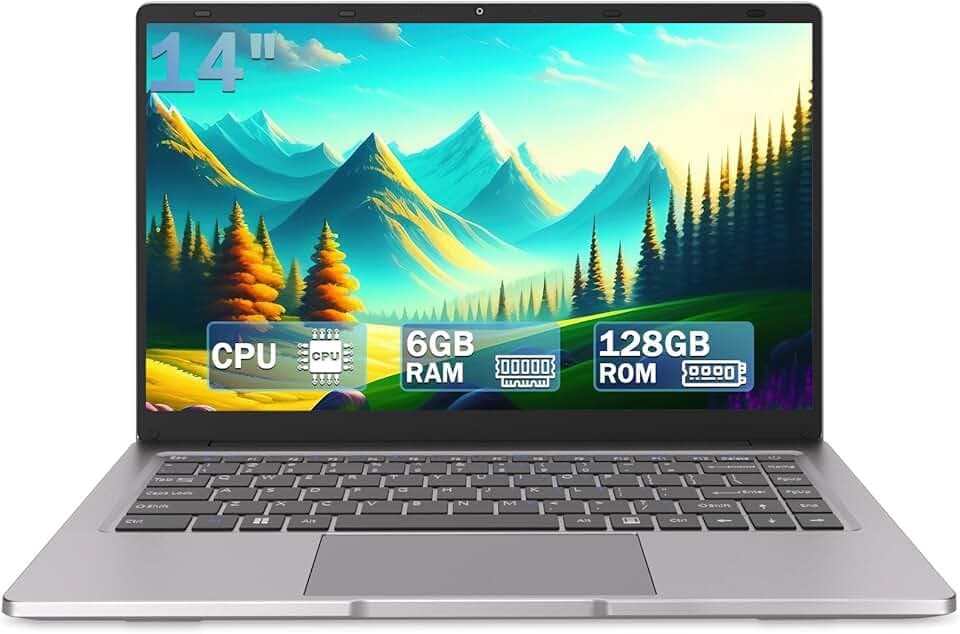 Ordinateur Portable 14 Pouces,PC Portable Celeron N4000 6GB RAM 128GB SSD, Laptop Portable Prennent en Charge 2.4G / 5G WiFi, Bluetooth, Computer Protable avec Longue Durée de vie de la Batterie.