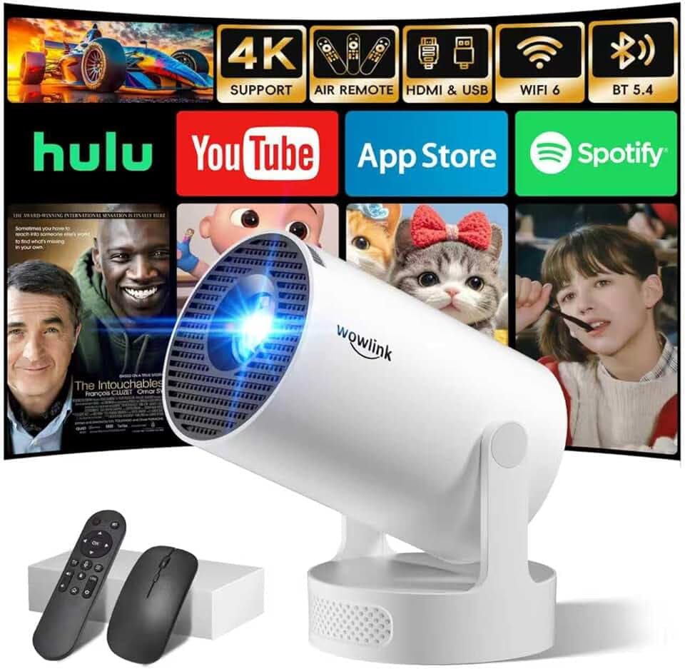 [Apps intégrées & 2026 Upgraded] Vidéoprojecteur avec WiFi 6 et Bluetooth 5.4 Mini Projecteur Supporte 4K 1080P Auto Keystone Rotation 180° Compatibile avec HDMI/TV Stick/Memory Stick/Laptop, Blanc