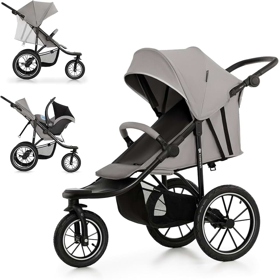 Kinderkraft HELSI 2, Jogger, Poussette Sportive, 3 Grandes Roues, Dès La Naissance Jusqu'à 22 Kg, Réglable, Amortissement, Position Allongée, Panier Spacieux, Noir