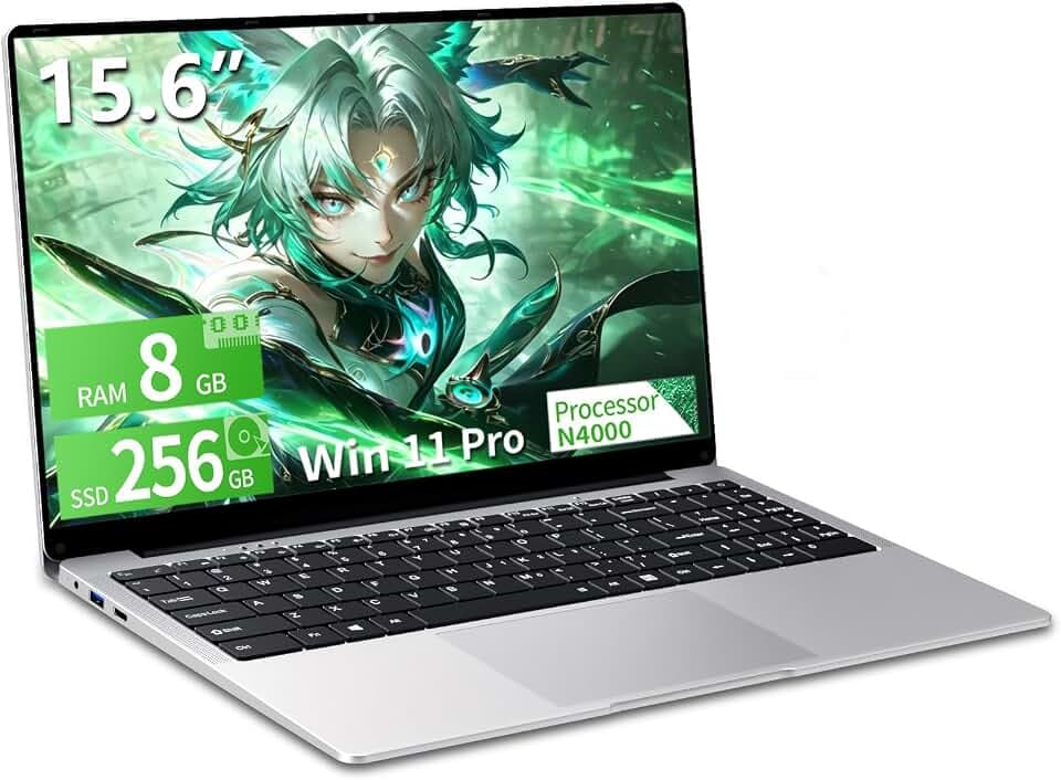 Ordinateur Portable 15,6 Pouces PC Portable Win 11 Celeron N4000 Processeur, 8Go DDR4 RAM 256Go SSD, Laptop Écran FHD IPS Pivotant 180°, Mini HDMI, 2*USB3.0, WiFi5, BT4.2 SSD Développer 1To