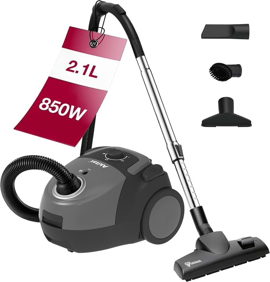 Akitas C5 Aspirateur avec Sac 850W 2.1L | 9m portée, filtre HEPA, aspiration réglable, sols/moquettes, compact, léger, anti-poils, brosse Wessel-Werk