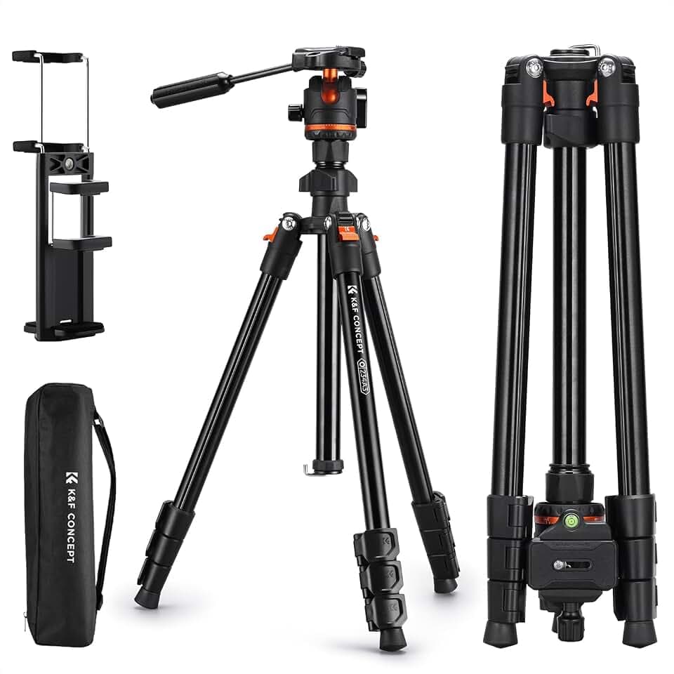K&F Concept Trépied Photo 182cm pour Smartphone avec Clip | Support caméra, tête panoramique amovible, charge 8kg, noir/orange, Omni - O234A3+BH-36 Global Recycled Standard