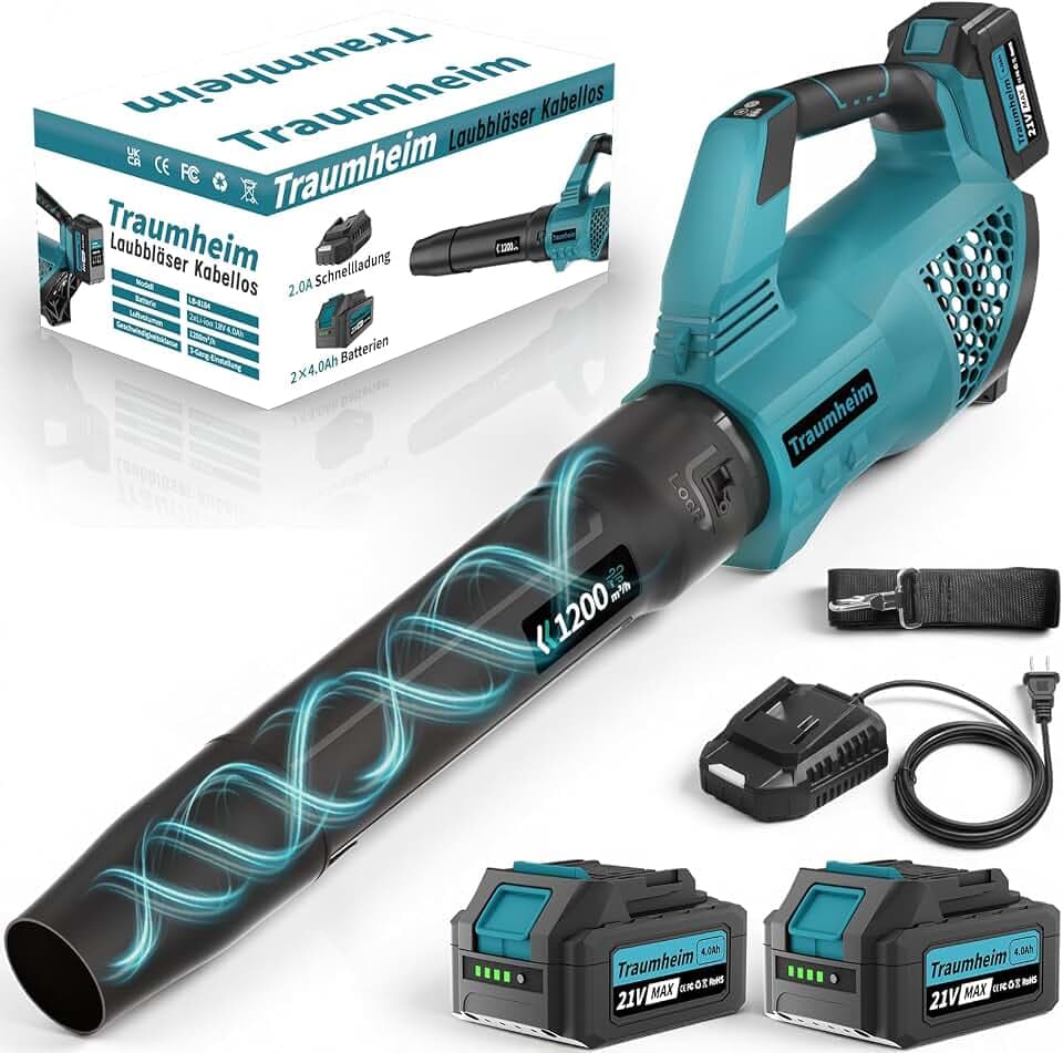 Souffleur de Feuilles sans Fil avec Batterie, 3 Vitesses, électrique sans Fil avec 2 Batteries 4,0Ah/21V, 1200 m³/h, pour Jardin, Feuilles, poussière et Neige