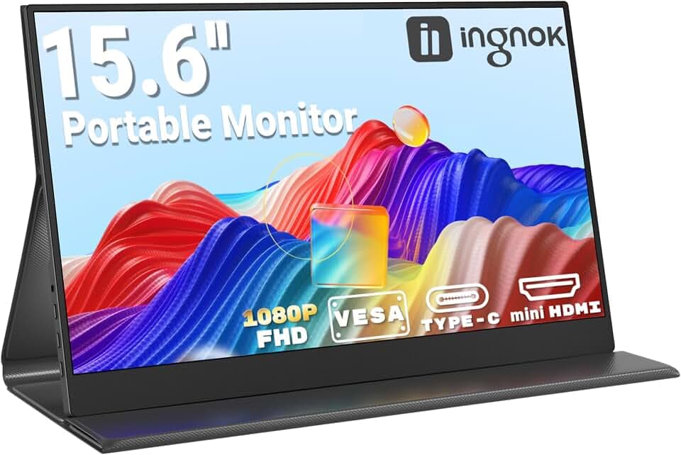 Ingnok Écran Portable 15,6" FHD IPS Moniteur Portable Ultra-Léger | Plug & Play, écran portatif 1920 × 1080 avec housse magnétique, 2 USB-C, Mini-HDMI et haut-parleurs pour PC/Mac/PS4/PS5/Xbox Global Recycled Standard