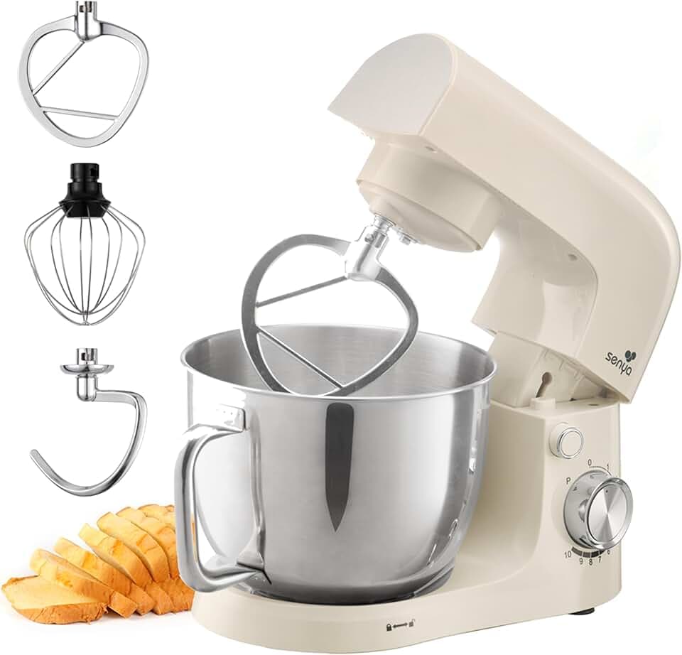 SENYA Robot Pâtissier 1500W – Robot Cuisine Multifonction 5L Bol Inox – 10 Vitesses + Pulse – Pétrin, Fouet, Batteur – Robot pour Gâteau, Pain – Couvercle Anti-Éclaboussures avec Séparateur d’Œuf
