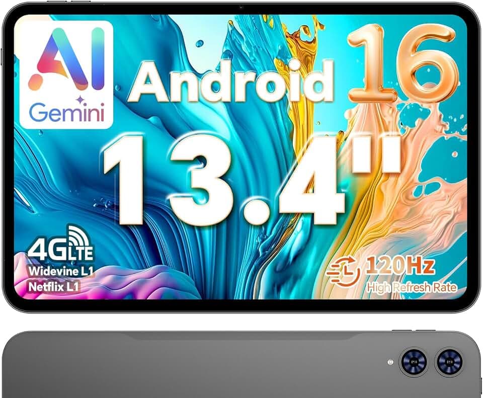 TECLAST T65 Tablette 13.4 Pouces Android 16, Gemini AI, Écran 120Hz, 4G LTE Dual SIM, 26Go RAM, 128Go ROM(TF 4TO), Widevine L1, 8000 mAh, Octa-Core 2.2GHz, Tablette Tactile pour Films