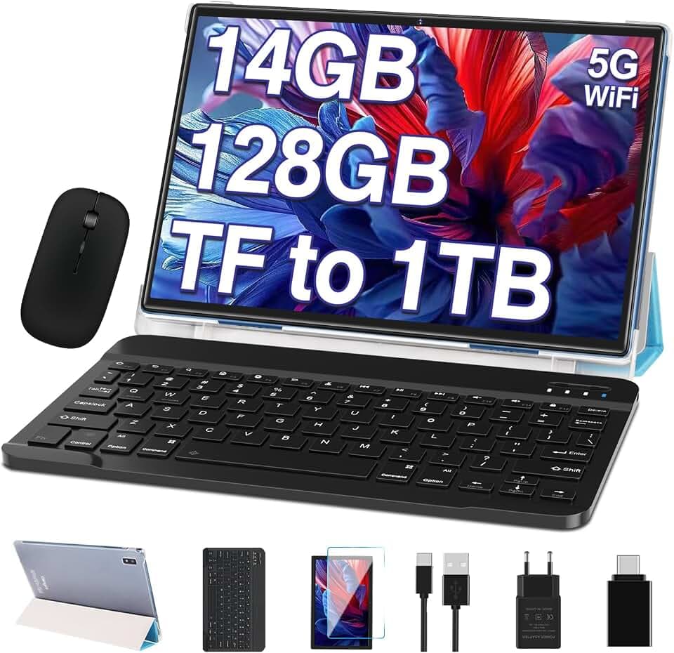 2026 Android Tablette Tactile 10 Pouces 14Go RAM+128Go ROM (TF 2TB), FHD Tablettes avec 5G WiFi, 8 Cœurs, 2.0 GHz, Widget, 8000mAh, BT 5.0, 5+8MP, Tablette avec Clavier et Souris - Bleu