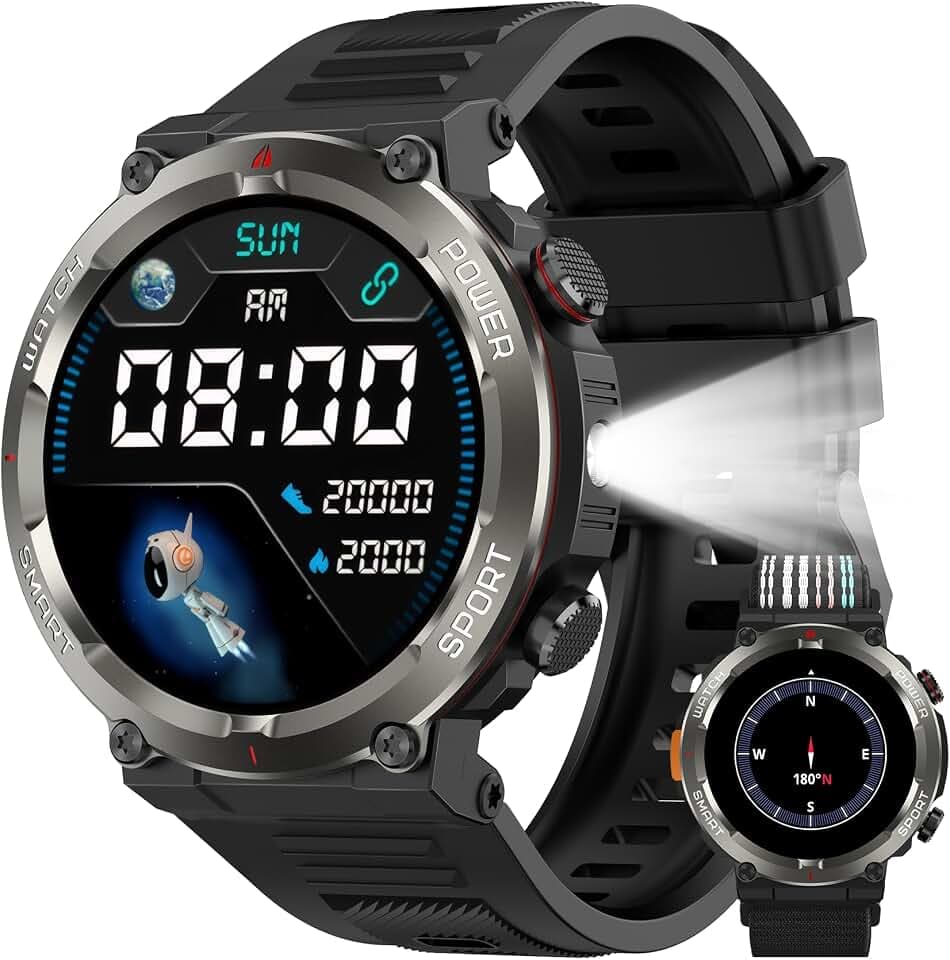 Montre Connectée Homme, IP68 Étanche, 960mAh 100 Jours, Appels Bluetooth | Militaire Smartwatch avec 1,45"HD, Lampe LED, Boussole, Fréquence Cardiaque, Sommeil, 100+ Sportifs pour Android iOS, Noir