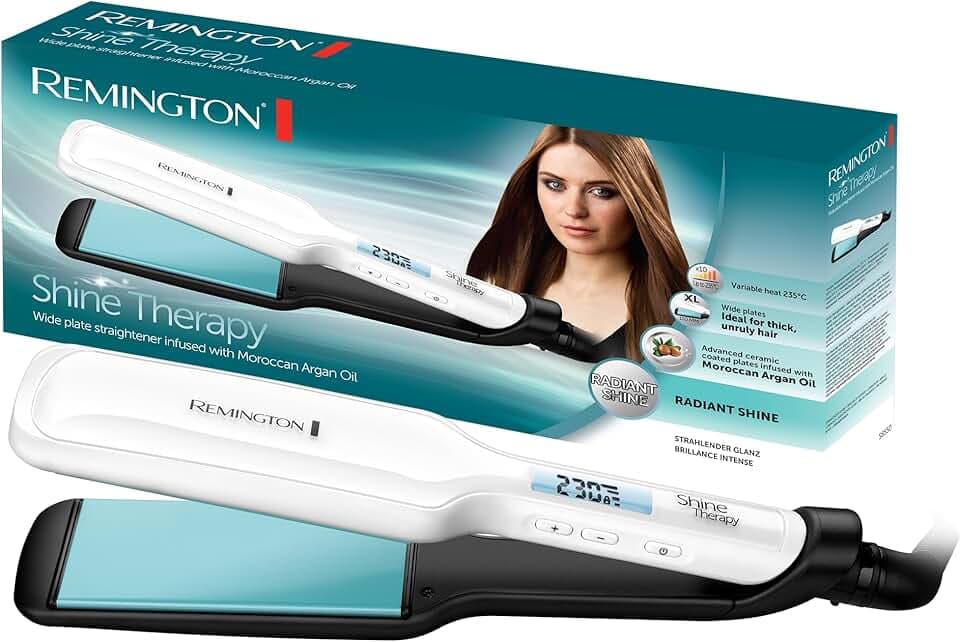 Remington Lisseur Cheveux [Soin Brillance & Douceur] Shine Therapy (Plaques larges, Céramique, Soin huile d'argan marocaine & vitamine E, Ecran LCD, 150-230°C) Fer à Lisser S8550