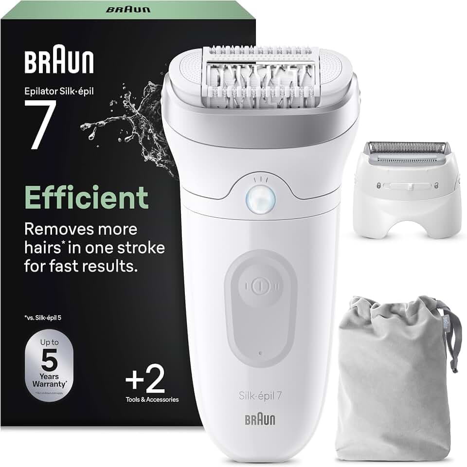 Braun Silk-épil 7 Épilateur Femme Épilateur Électrique Femme Avec Grande Tête Pour Une Épilation Simple, Wet & Dry, Peau Lisse Longue 7-041, Blanc/Argent GreenCircle Certified: Certified Energy Savings