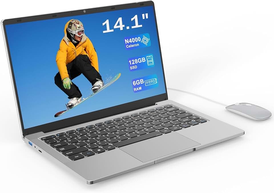 Ordinateur Portable 14,1" HD, 6 Go RAM, SSD 128 Go, Processeur Double Cœur, Wi‑Fi 2,4G/5G & Bluetooth, Design Silencieux Sans Ventilateur, PC Portable Léger avec Souris Offerte & Clavier Confortable