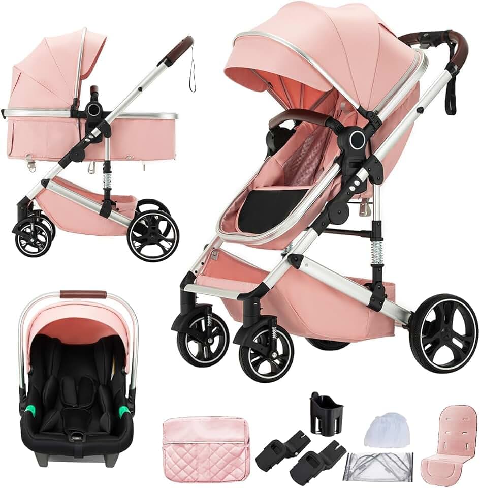 Poussette Combinée 3 en 1,Poussettes Citadines Avec Siège,Poussette 3 en 1 avec Poignée Réglable en Hauteur,poussette trio Paysage Haut Cadre en Aluminium (H9 PINK, H9)