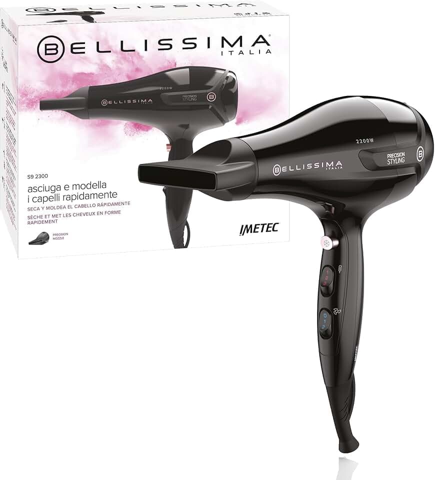Bellissima Sèche Cheveux Professionnel 2200W Noir - Séchage Rapide, Chaleur Maîtrisée - Adapté Tous Types Cheveux - Accessoire Coiffure, Brushing - Technologie Précision, Puissant, Protection