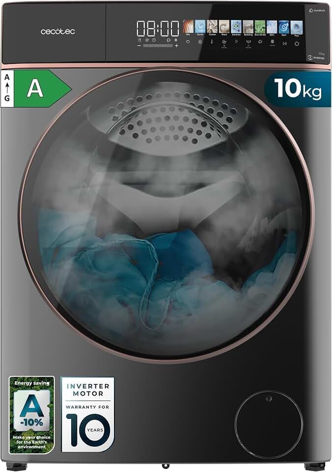 Cecotec Lave Linge Frontal Bolero DressCode 10900 Autodose Inverter FullColor Steel A, Machine à laver 10 kg, 1400 tr,min, écran 10,3", Inverter Plus, SteamMax, 11 programmes, classe A, Fuzzy Logic Étiquetage Énergétique